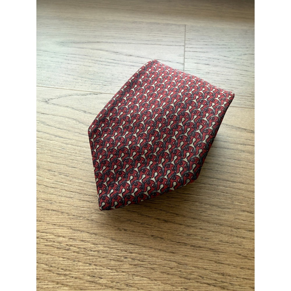Hermes Paris Silk Tie Red Geometric Horsebit Equestrian Pattern‎ Mens Necktie